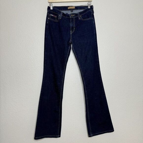 Vintage Tommy Jeans Y2K Size 7L Flare Leg Hilfiger Denim 33" Inseam Dark Wash - Picture 1 of 13
